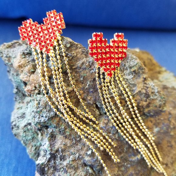 ❤️✨Push-Back Post RED STONES❤️✨HEART Dangling Tassel Earrings❤️✨ - Picture 9 of 11